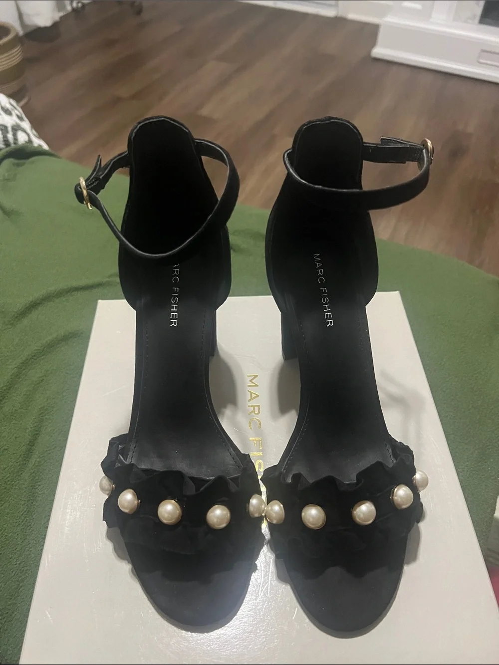 Marc Fisher Black Suede Pearl-Trim Ankle Strap Heels